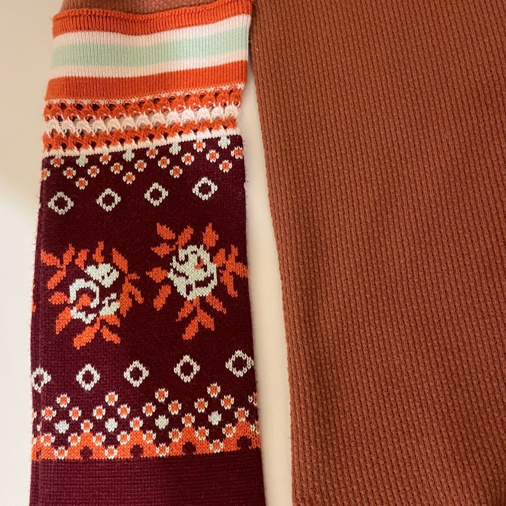 PRICE DROP Free People Rust Henley Top with Patterned Sleeves - Picture 7 of 9